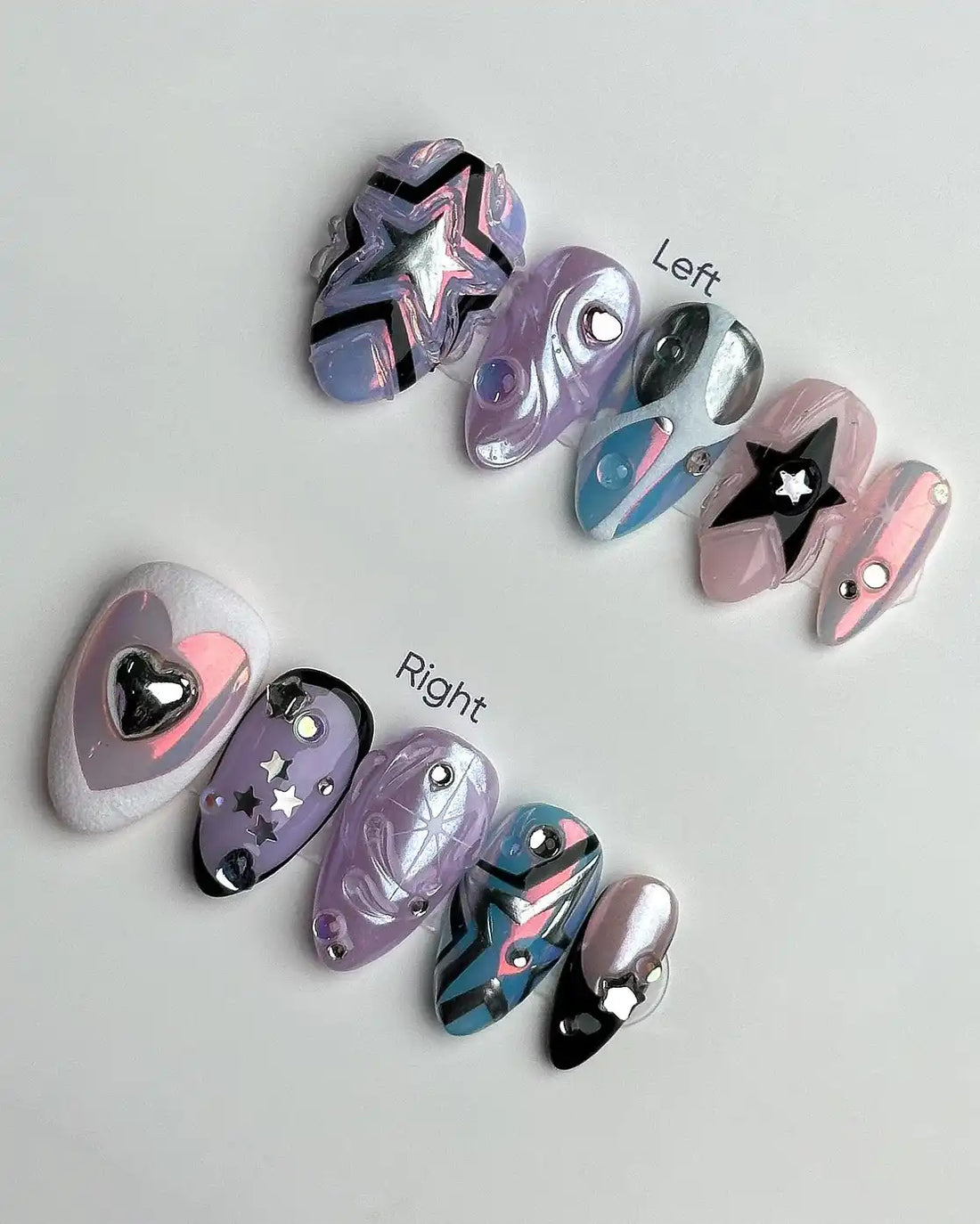 Handmade Chrome Pastel Pink Purple Star Heart Press on Nails W72