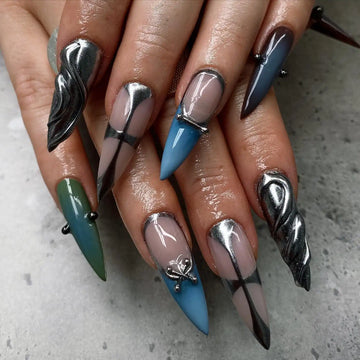 Handmade Chrome Punk Gothic Blue Green Spike Metal Press on Nails D72