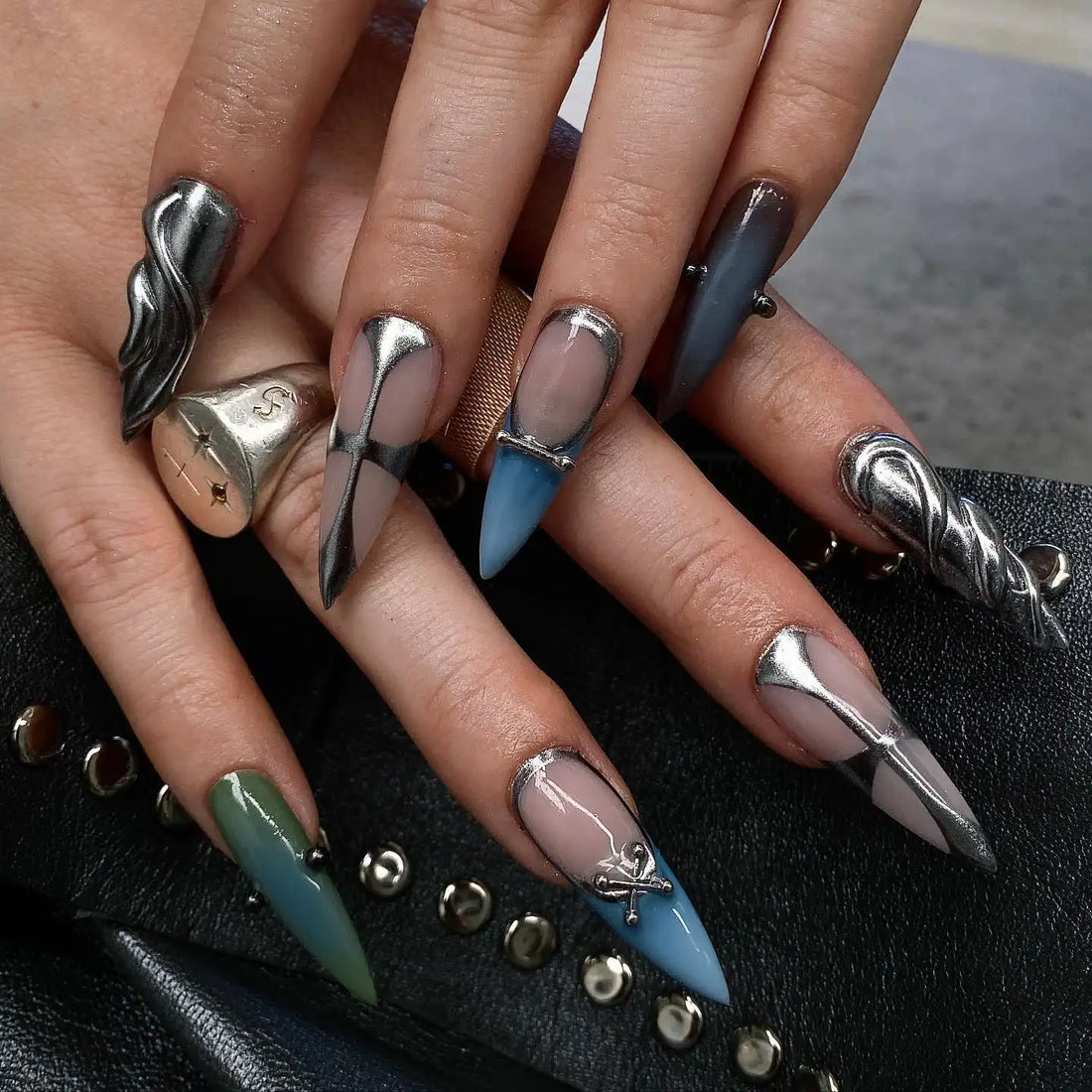 Handmade Chrome Punk Gothic Blue Green Spike Metal Press on Nails D72