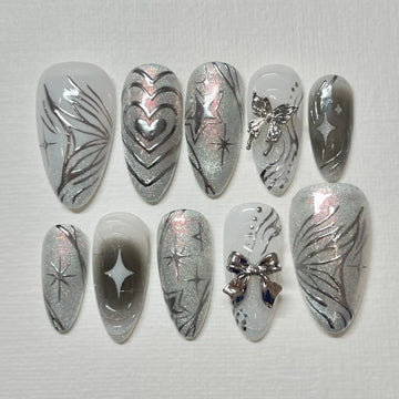 Handmade Chrome Silver Butterfly Wing Star Heart Abstract Fairy Press on Nails M49