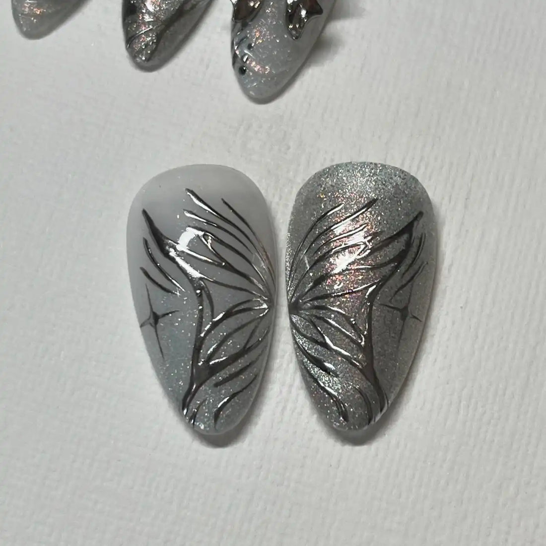 Handmade Chrome Silver Butterfly Wing Star Heart Abstract Fairy Press on Nails M49