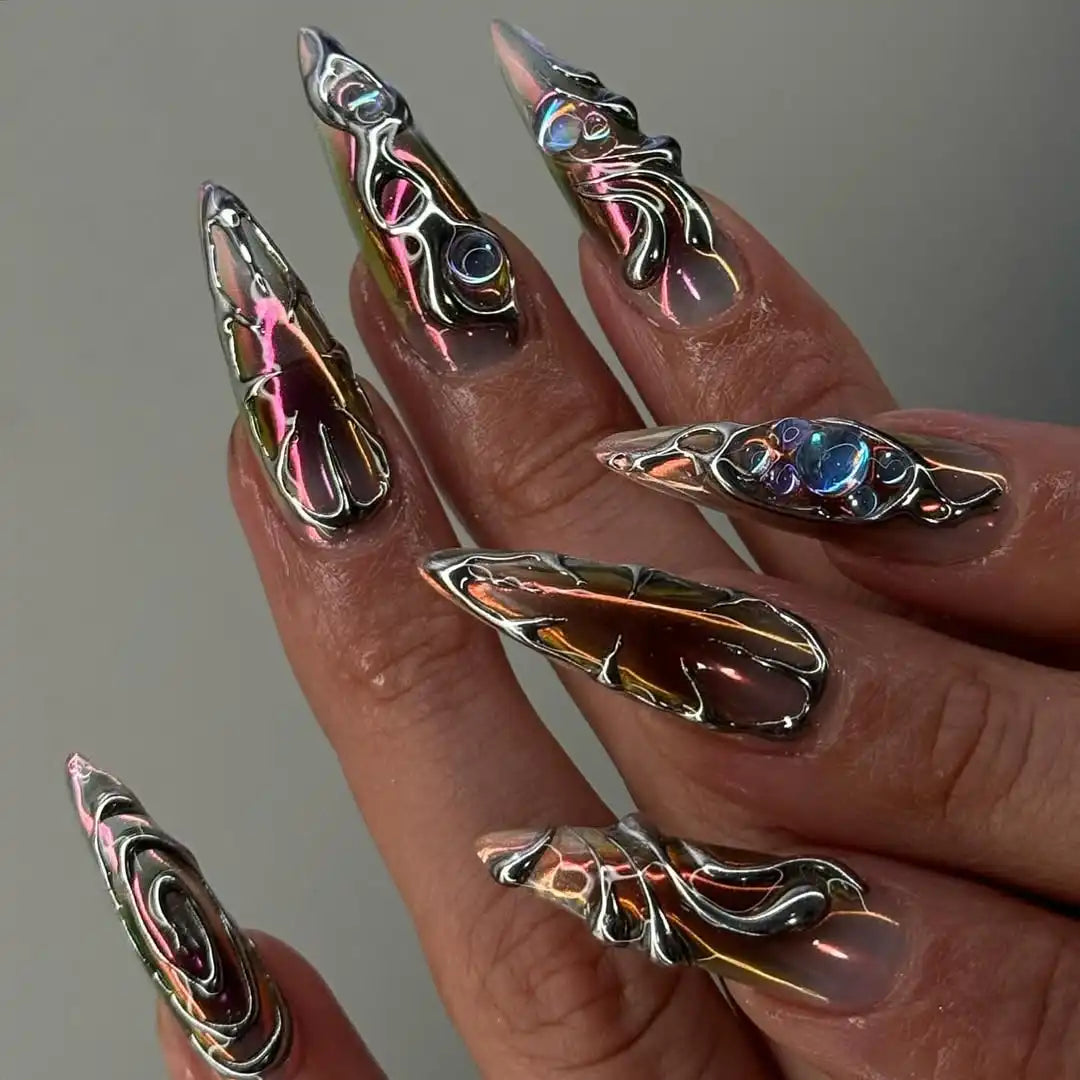 Handmade Chrome Silver Freestyle Press on Nails Z28