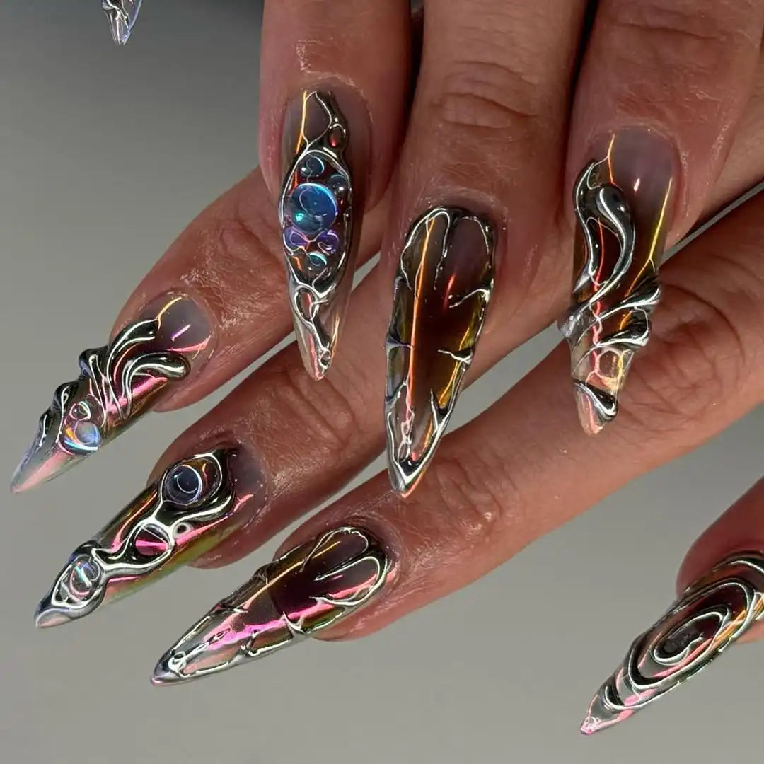 Handmade Chrome Silver Freestyle Press on Nails Z28