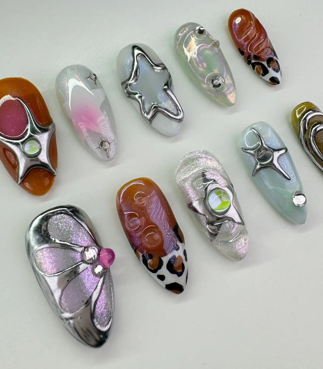 Handmade Chrome Star Y2K Metallic Swirl Funky Press on Nails F14