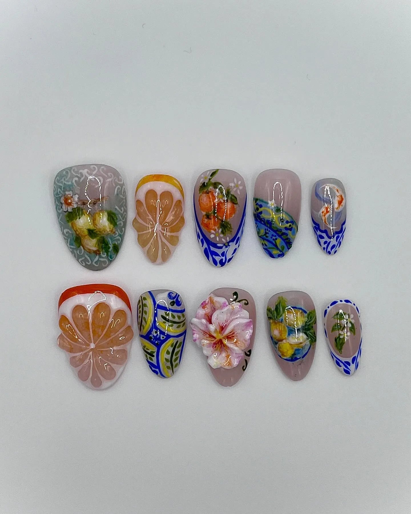 Handmade Citrus Lemon Fruit 3D Floral Blue Tile Summer Vacation Press on Nails Z30