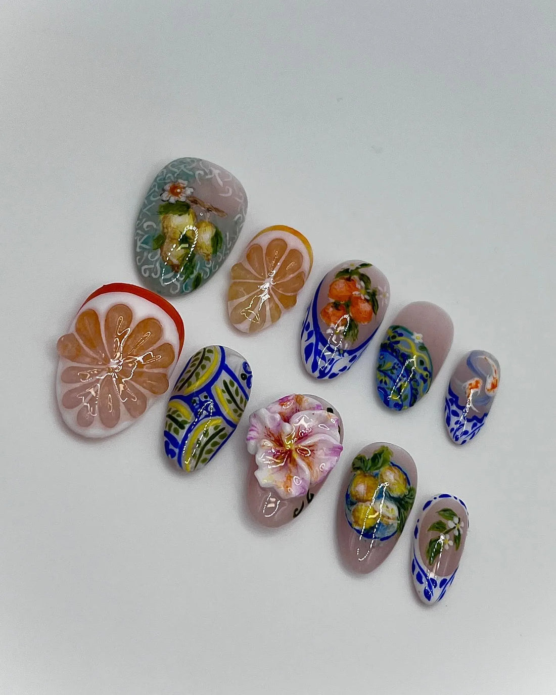 Handmade Citrus Lemon Fruit 3D Floral Blue Tile Summer Vacation Press on Nails Z30