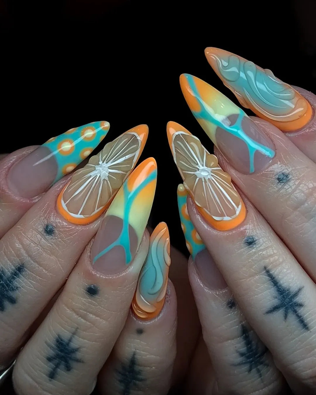 Handmade Citrus Orange Aqua Swirl Retro Art Summer Press on Nails Q28
