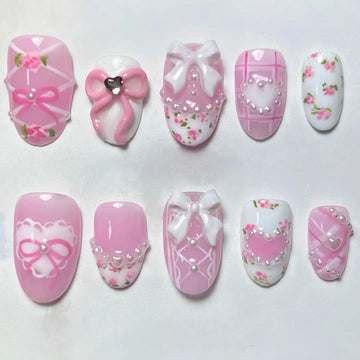 Handmade Classic Pink Floral Bow Lace Pearl Heart Sweet Aesthetic Press on Nails K07