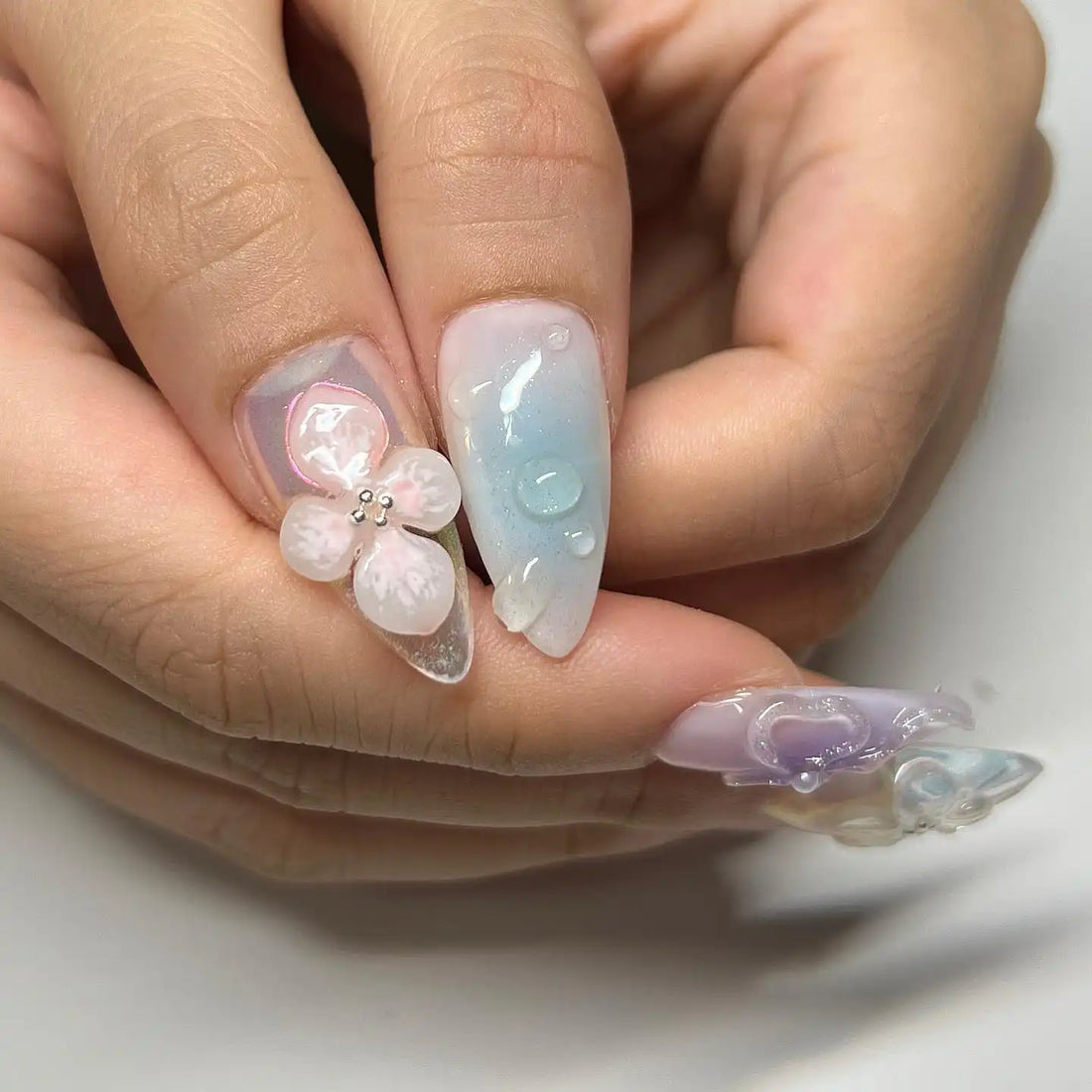 Handmade Clear Blossom and Butterfly Spring Nails R00