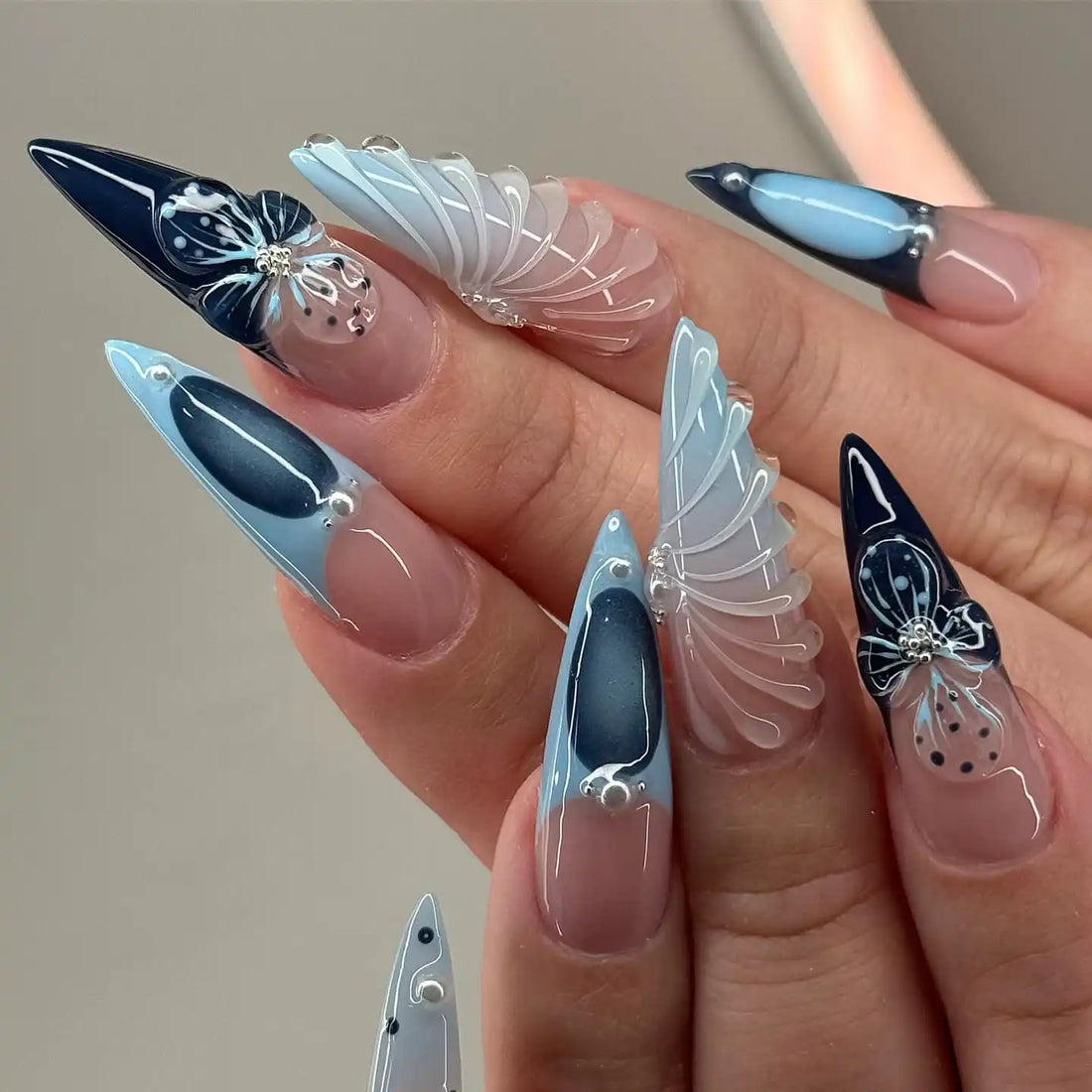 Handmade Clear Florals Black and Light Blue Press on Nails V33