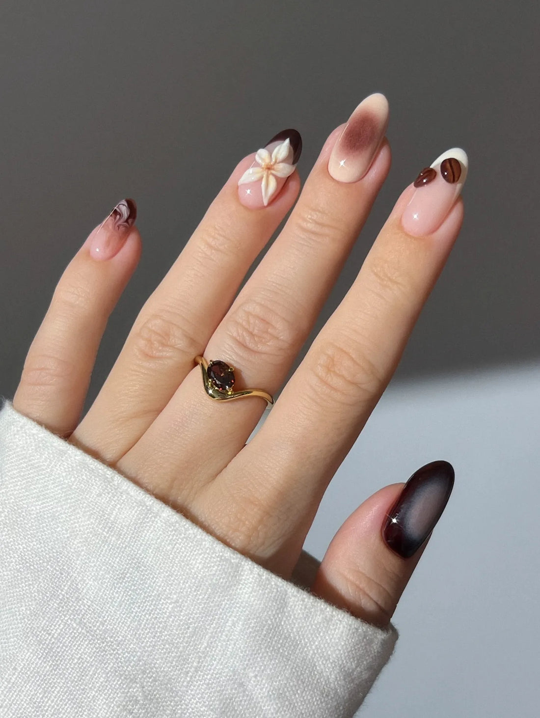 Handmade Coffee Brown Ombre Marble French Floral Press on Nails M14