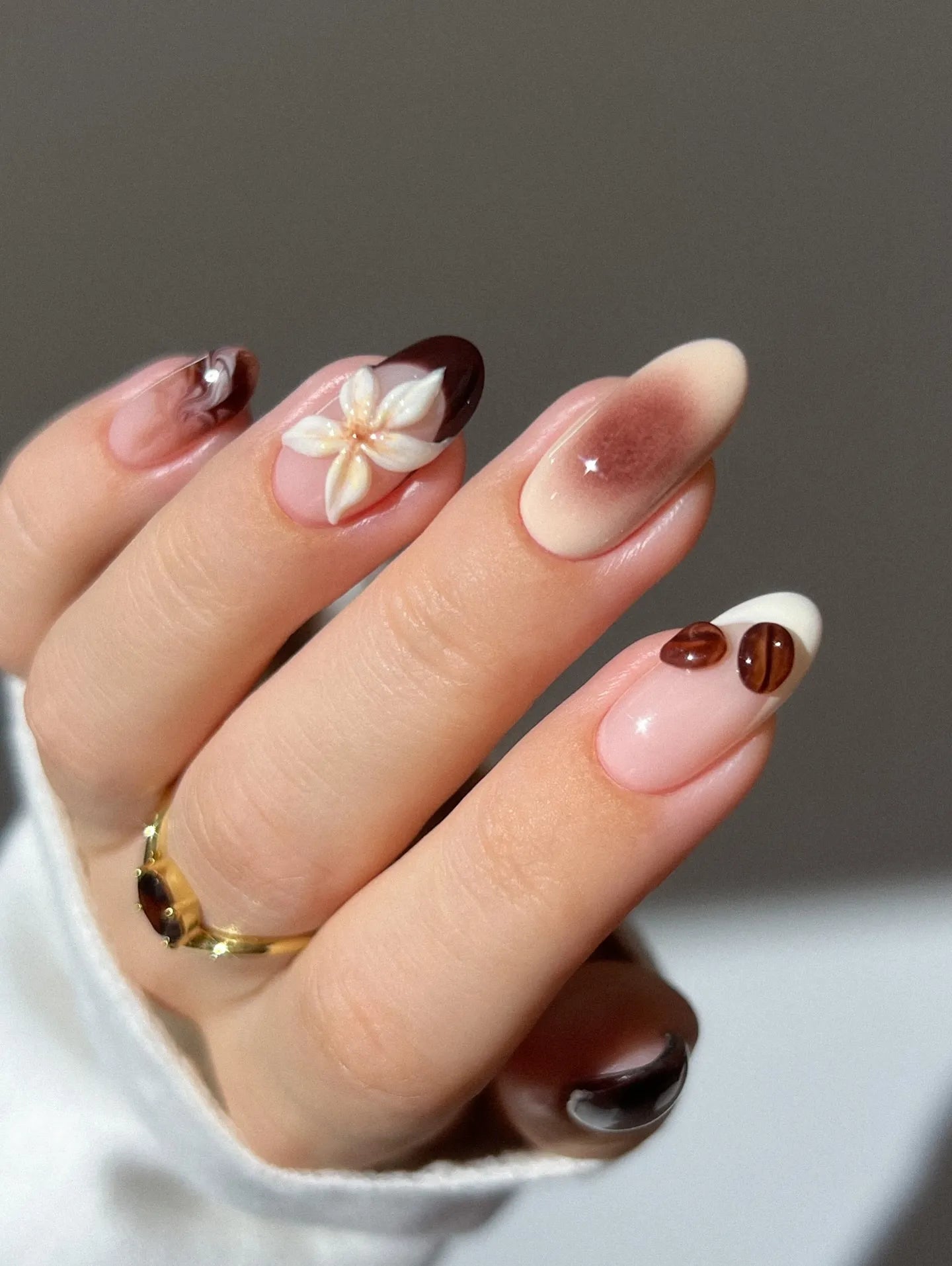 Handmade Coffee Brown Ombre Marble French Floral Press on Nails M14