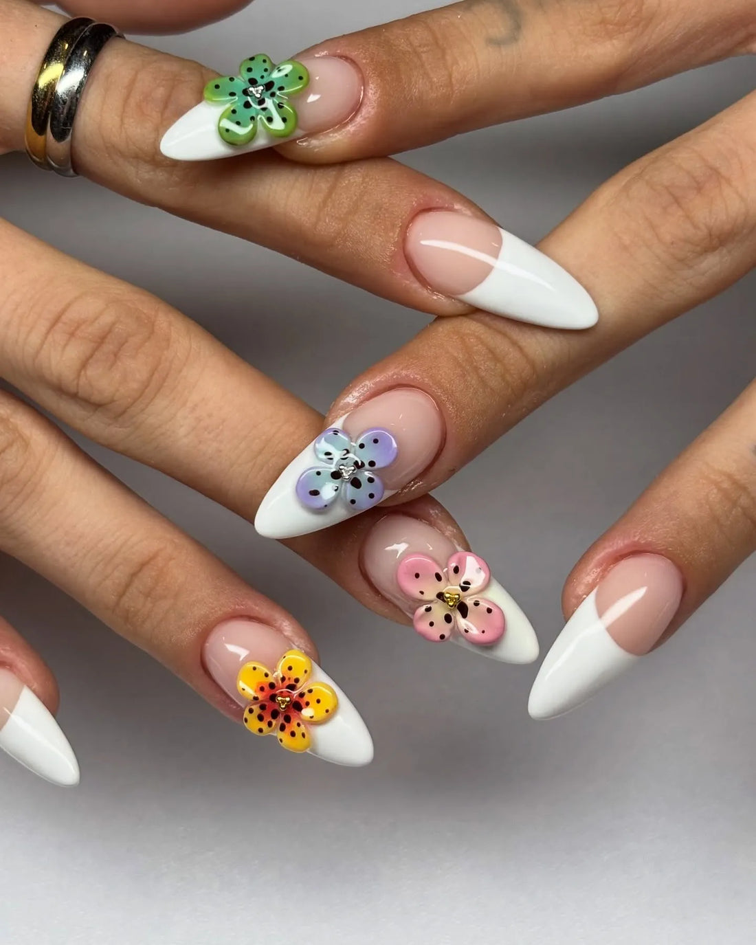 Handmade Colorful Floral French Tip Crystal Accent Press on Nails Y21