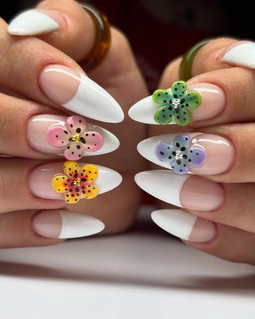 Handmade Colorful Floral French Tip Crystal Accent Press on Nails Y21