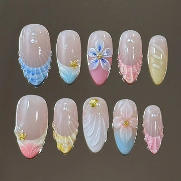 Handmade Colorful Mermaid Florals in French Style Fake Nails C26