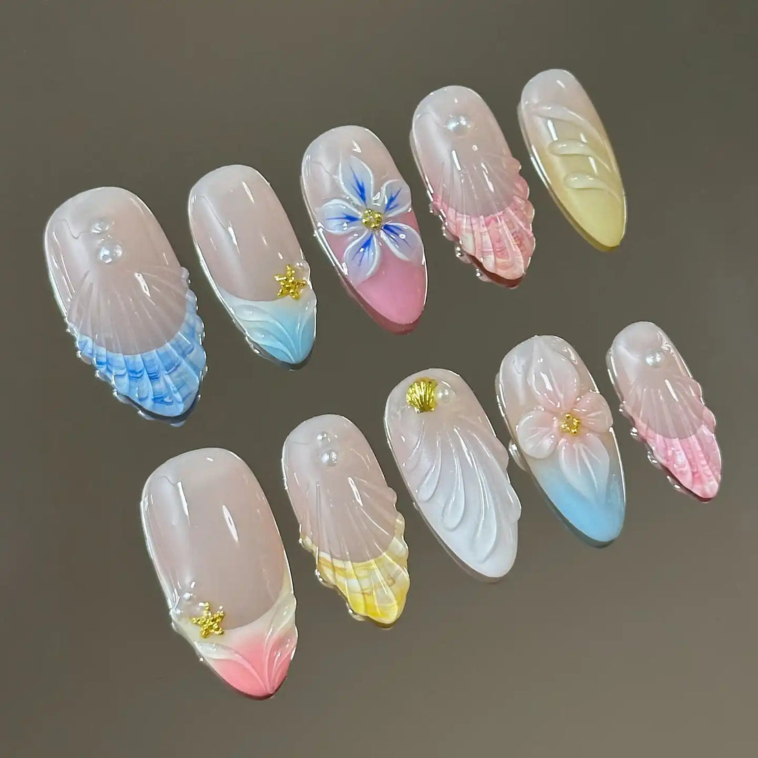 Handmade Colorful Mermaid Florals in French Style Fake Nails