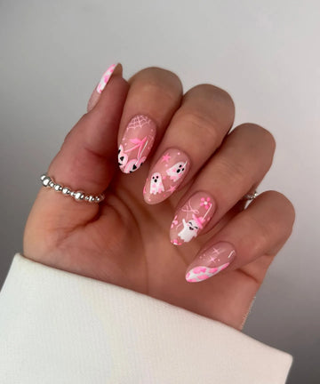 Handmade Coquette Pastel Pink Cowgirl Hat Ghost Cherry Ghost-face Press on Nails QE4