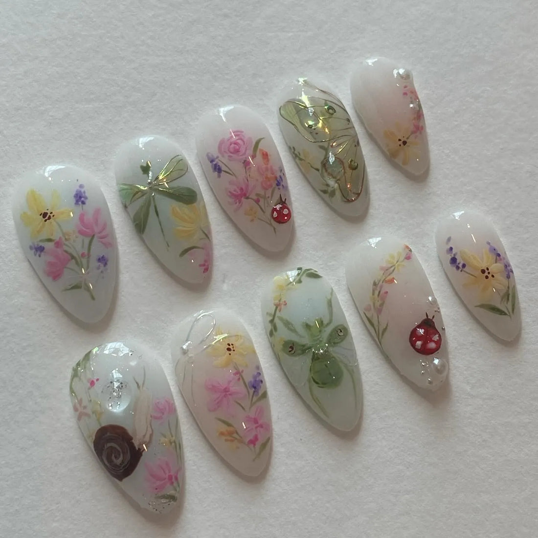 Handmade Cottagecore Floral Insect Garden Snail Ladybug Press on Nails K73