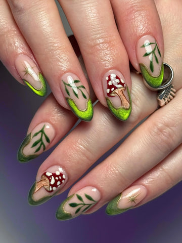 Handmade Lime Green Shimmer French Tip Red Mushroom Leaf Halloween Press on Nails QA6