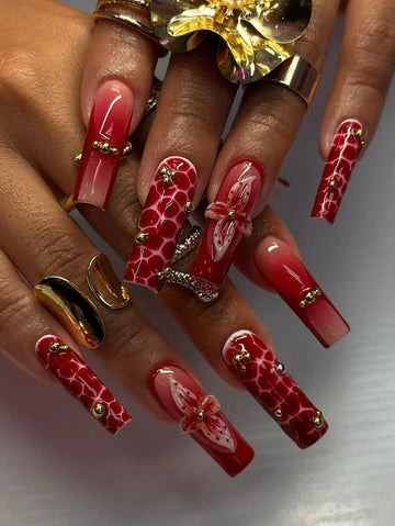 Handmade Crimson Red Ombre Crocodile Print 3D Flower Press on Nails Z09
