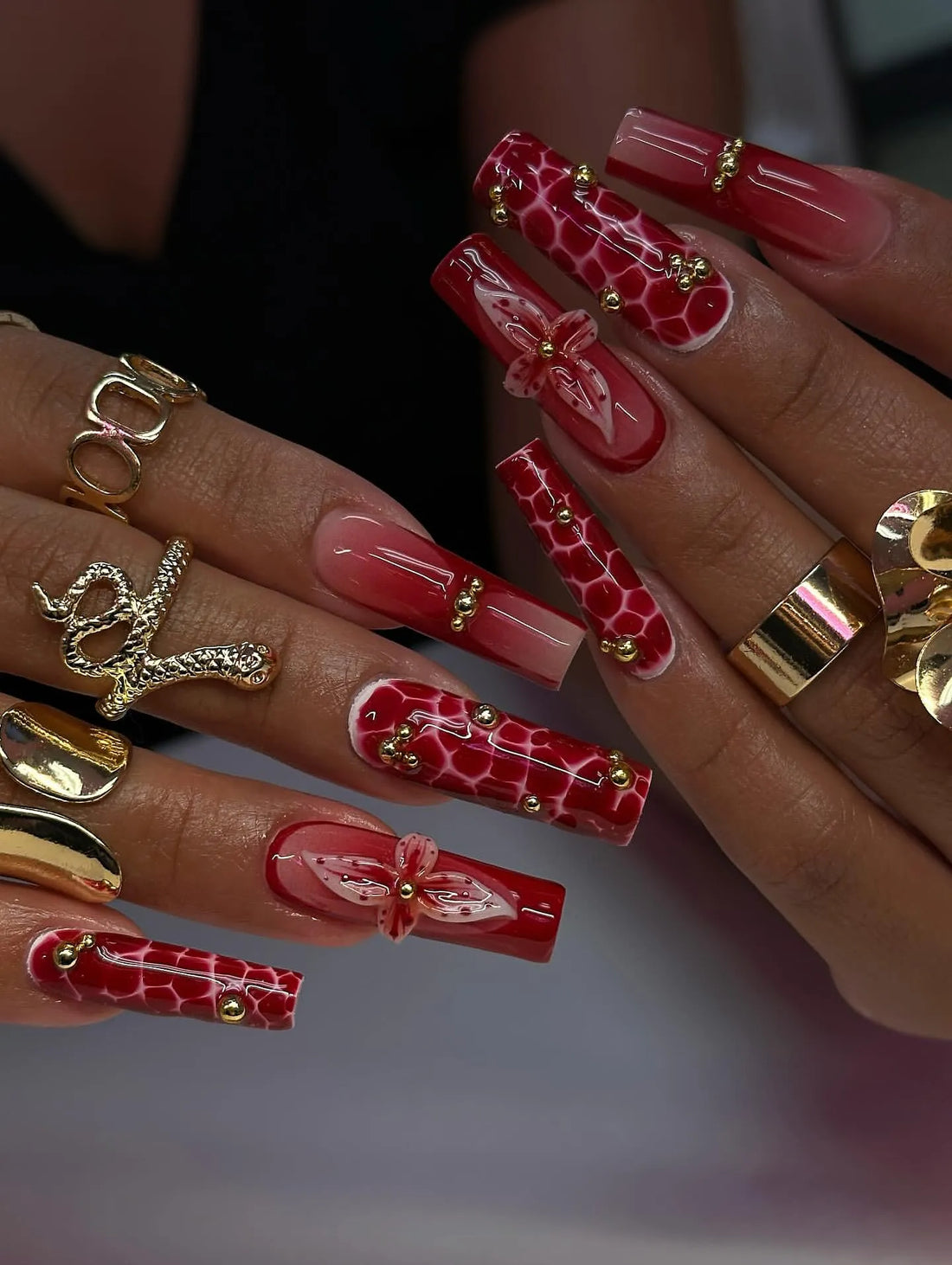 Handmade Crimson Red Ombre Crocodile Print 3D Flower Press on Nails Z09