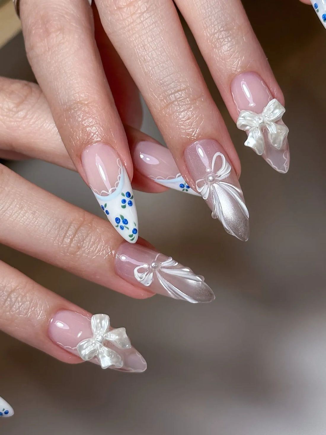 Handmade Cute 3D White Bow Blue Flower Silver Fake Nails V53