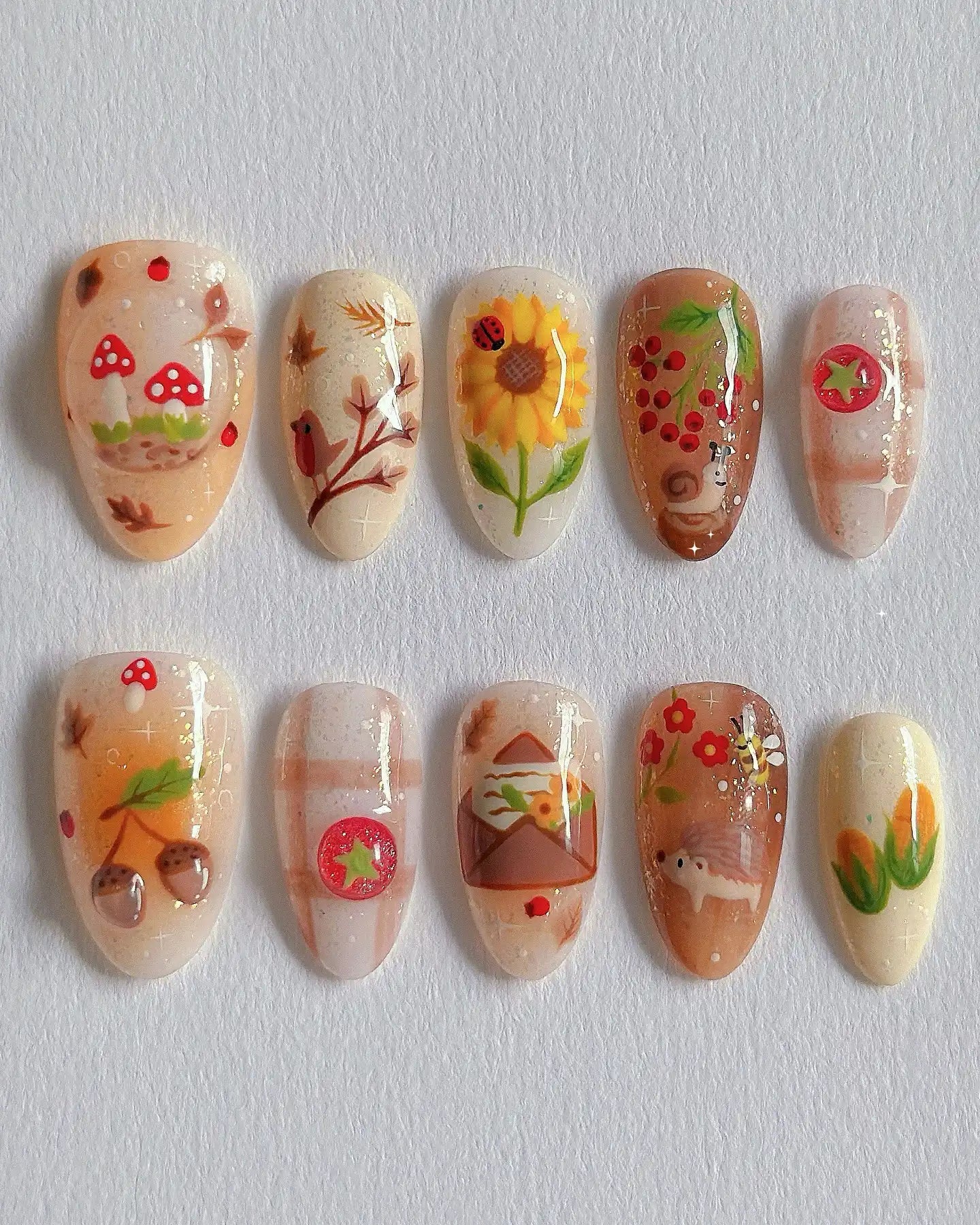 Handpainted Cute Autumn Mushroom Sunflower Berry Press on Nails K83