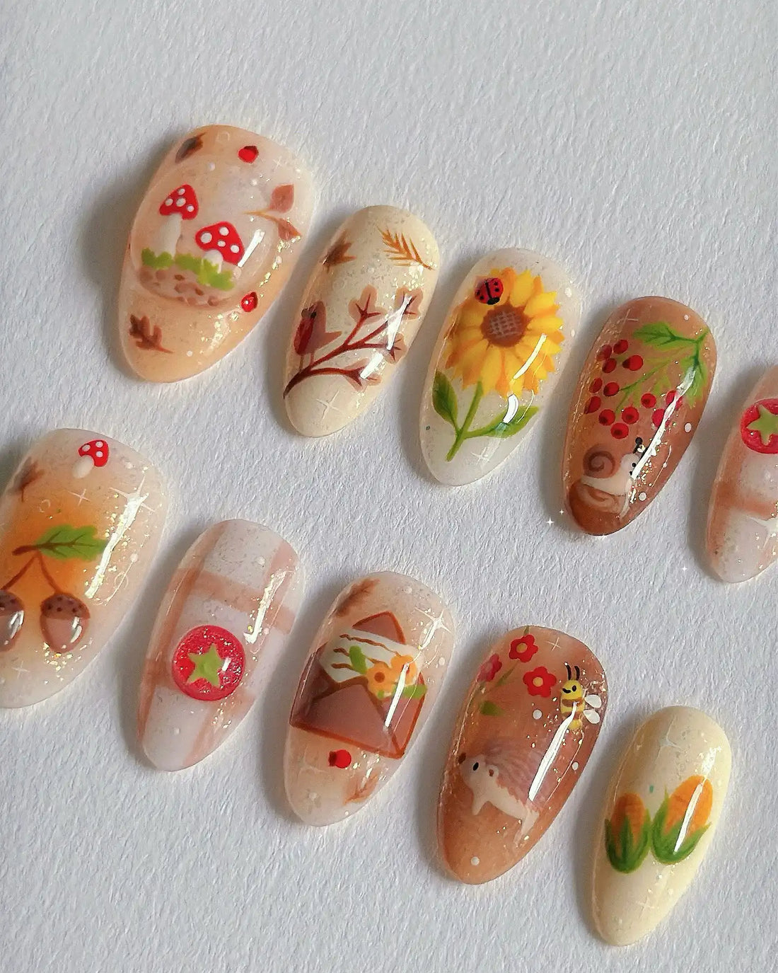 Handpainted Cute Autumn Mushroom Sunflower Berry Press on Nails K83