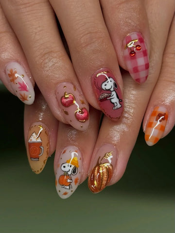 Handmade Cute Cartoon Fall Festival Orange Pumpkin Cherry Pie Press on Nails PT6