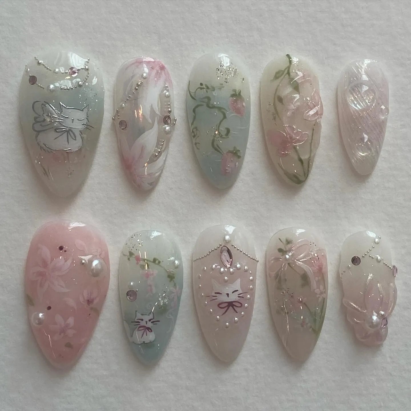 Handmade Cute Cat Kitten Pink Floral Pastel Strawberry Press on Nails X02