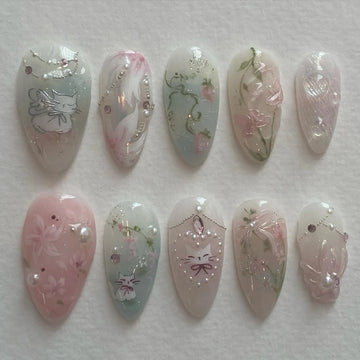 Handmade Cute Cat Kitten Pink Floral Pastel Strawberry Press on Nails X02