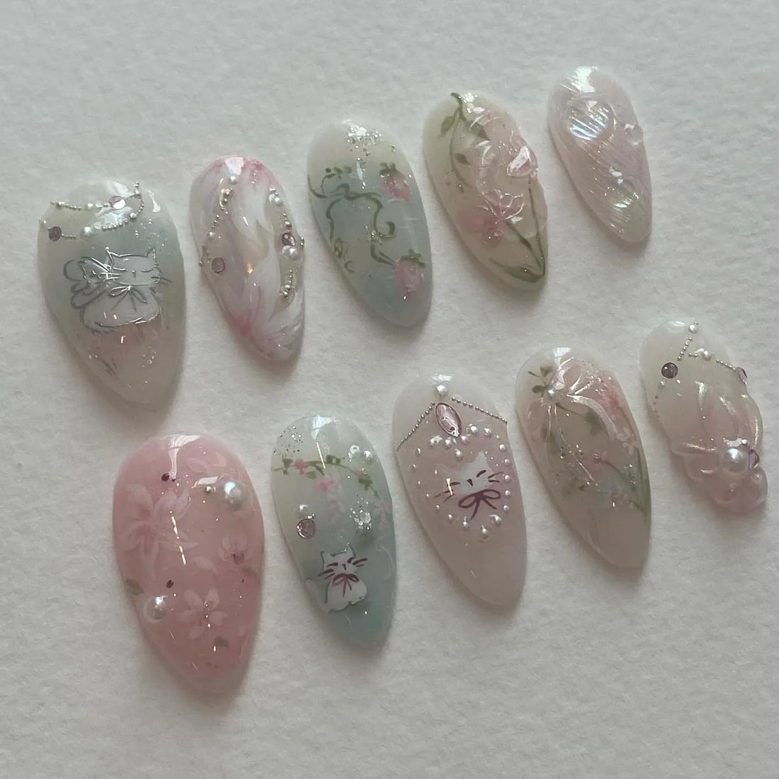 Handmade Cute Cat Kitten Pink Floral Pastel Strawberry Press on Nails X02