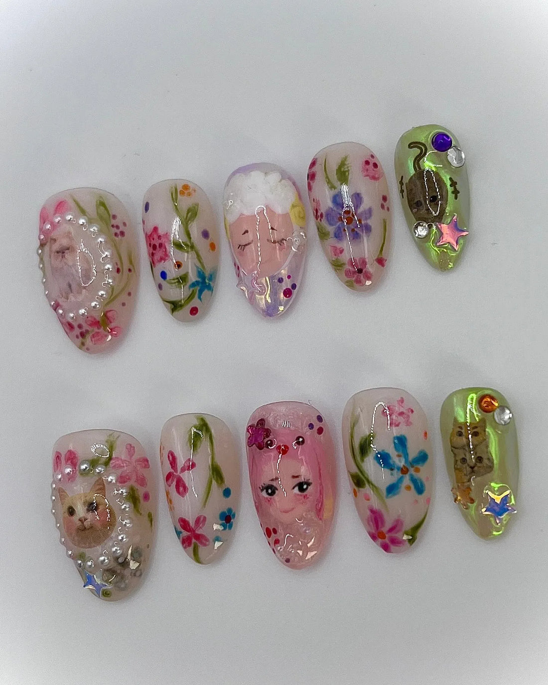 Handmade Cute Cat Floral Kawaii Spring Summer Fun Press on Nails A43