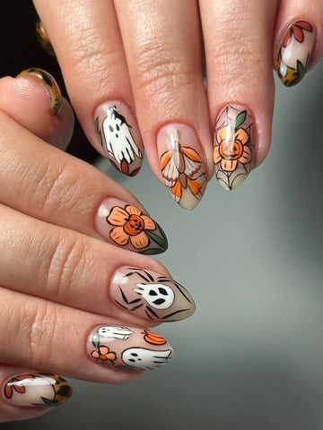Handmade Cute Halloween Orange Pumpkin Flower Ghost Moth Fake Nails PU2