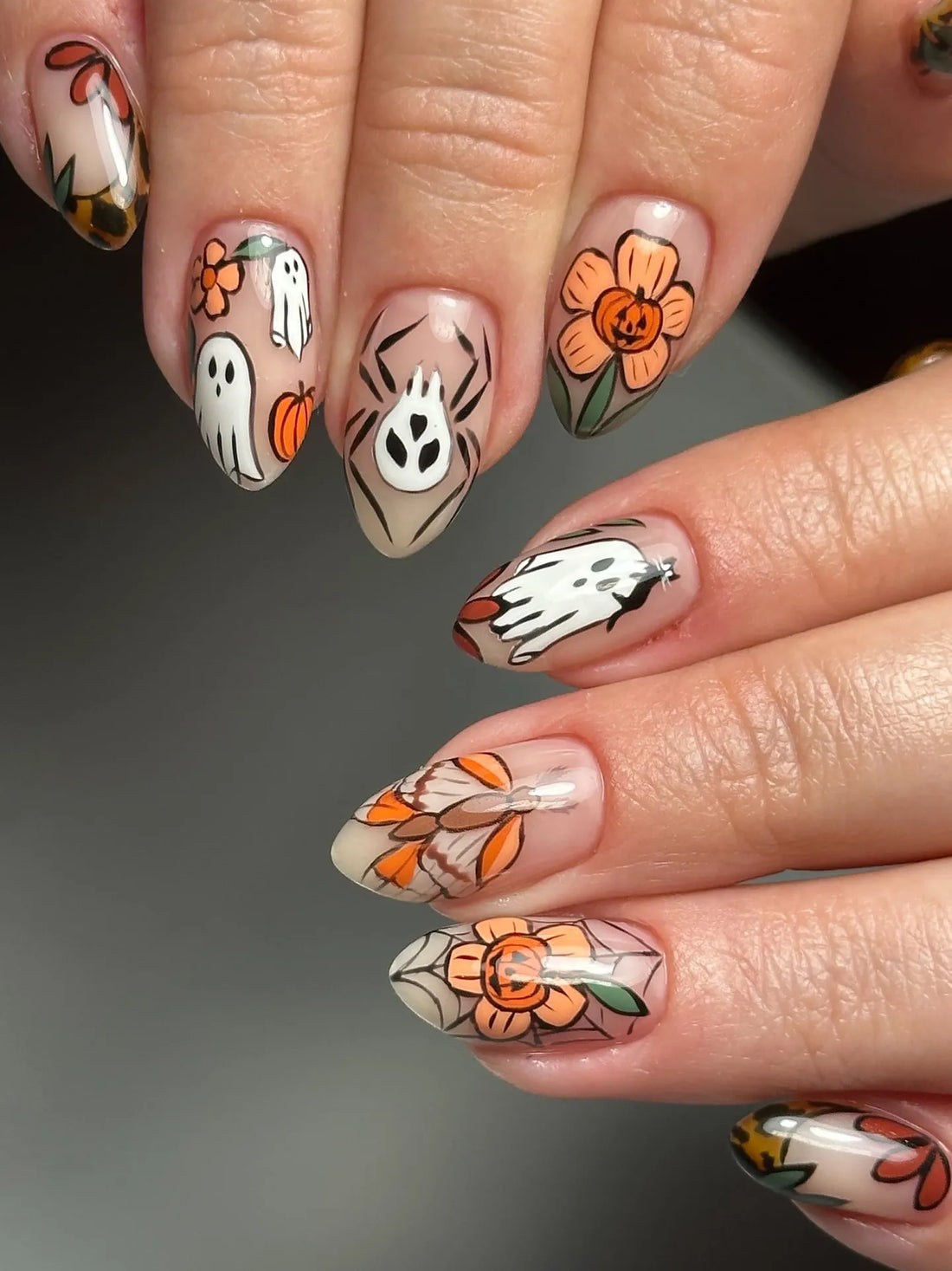 Handmade Cute Halloween Orange Pumpkin Flower Ghost Moth Fake Nails PU2