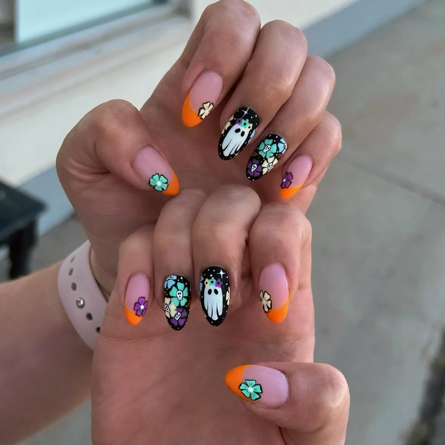 Handmade Cute Ghost Floral Orange French Tip Spooky Press on Nails Z95