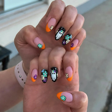 Handmade Cute Ghost Floral Orange French Tip Spooky Press on Nails Z95