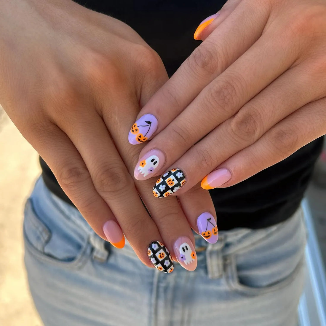 Handmade Cute Ghost Pumpkin Checkered Orange Halloween Press on Nails O21