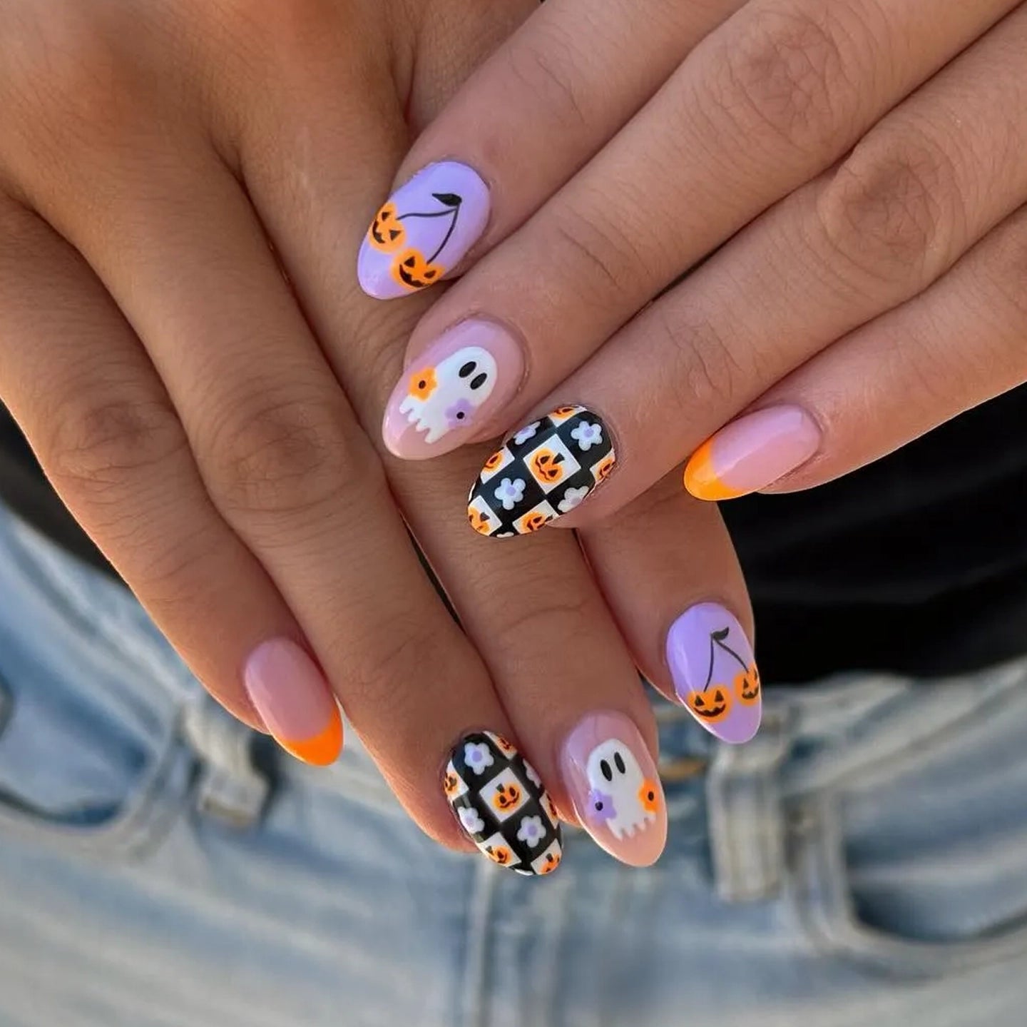 Handmade Cute Ghost Pumpkin Checkered Orange Halloween Press on Nails O21
