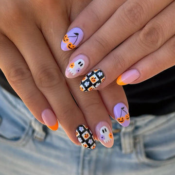 Handmade Cute Ghost Pumpkin Checkered Orange Halloween Press on Nails O21