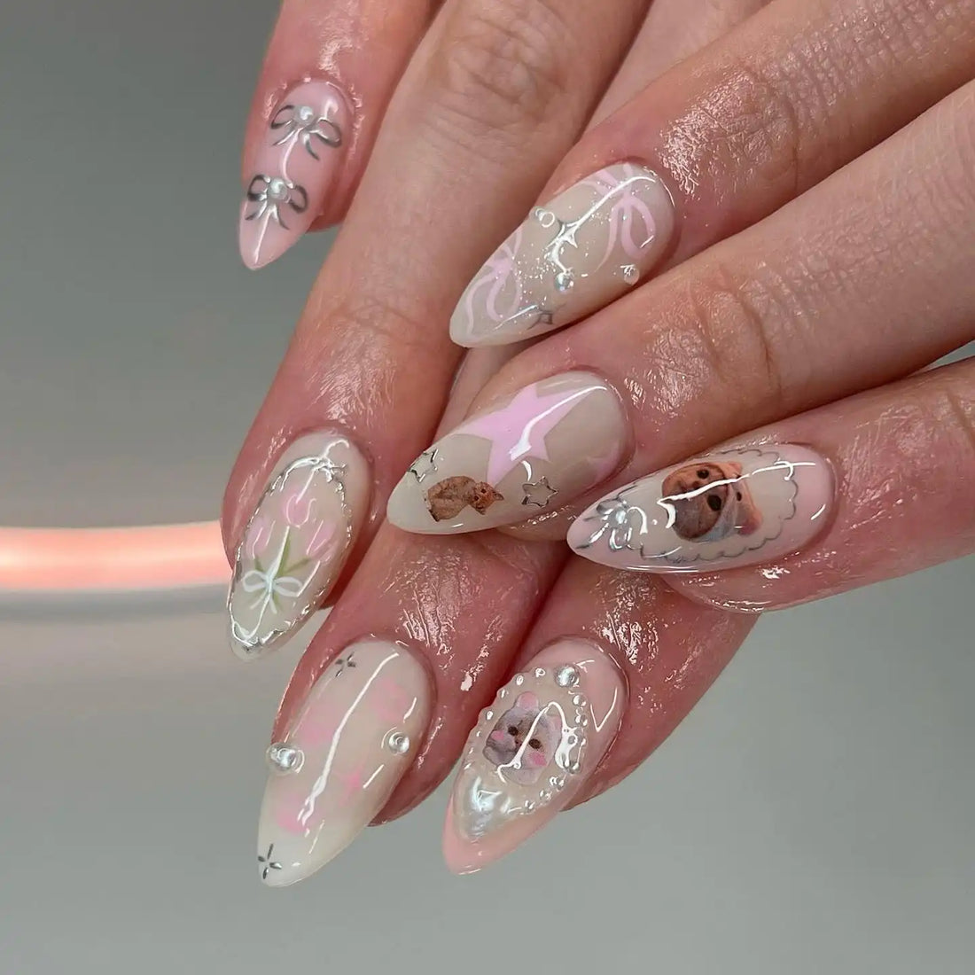 Handmade Cute Kitties Silver Ribbon Kawaii Press on Nails B82