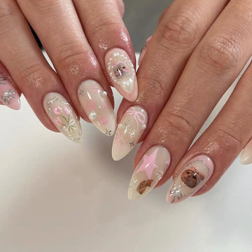 Handmade Cute Kitties Silver Ribbon Kawaii Press on Nails B82
