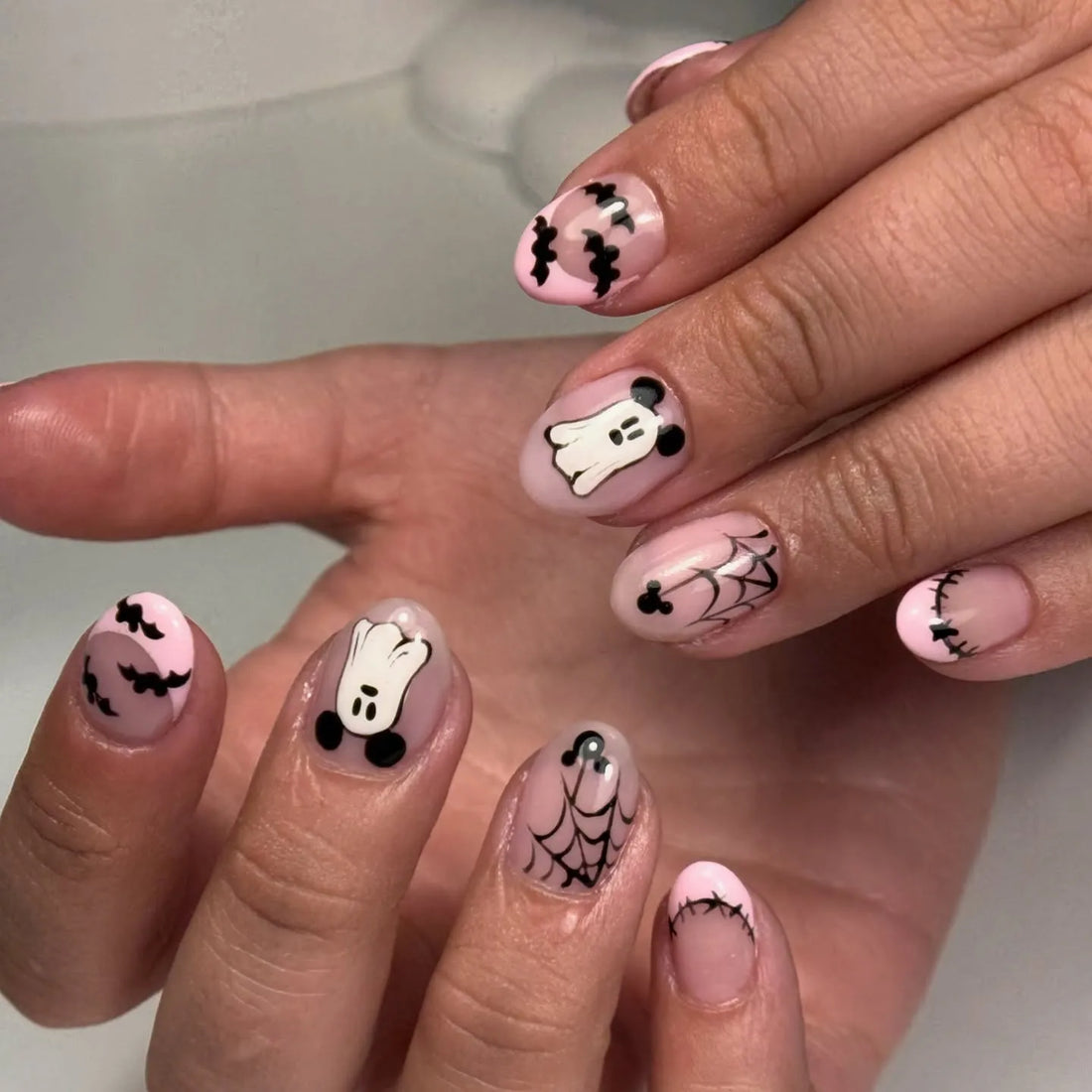 Handmade Cute Magic Pastel Pink Mouse Ear Ghost Bat Spiderweb Halloween Nails PX4
