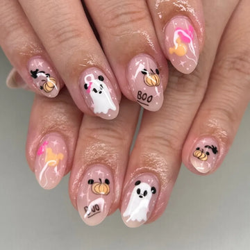 Handmade Cute Magic Pink Sparkle Mouse Ear Ghost Pumpkin Press on Nails QC6