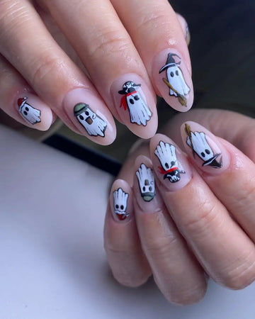 Handmade Cute Nude Pink Costumed Pirate Witch Hat Ghost Press on Nails PX9