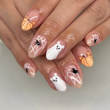 Handmade Cute Nude White Spiderweb Mouse Pumpkin Ghost Press on Nails QC7