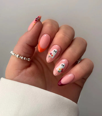 Handmade Cute Pink Nude Floral Bouquet Ghost Orange French Tip Press on Nails QE1