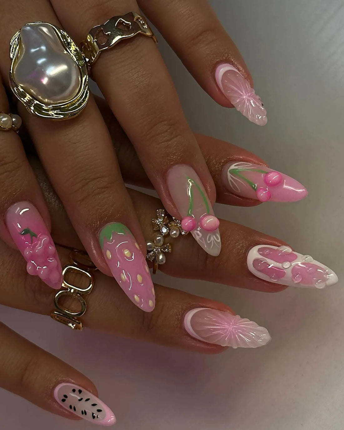 Handmade Cute Pink Strawberry Cherry Fruit Watermelon Fake Nails N73