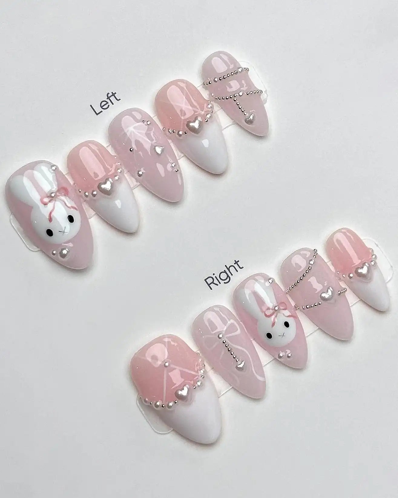 Handmade Pink White Bunny Heart Bow Pearl Chain Sweet Press on Nails K56