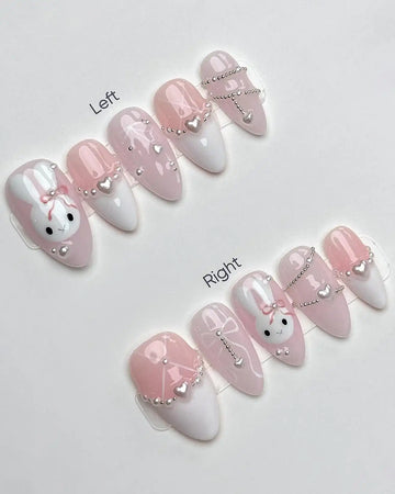 Handmade Pink White Bunny Heart Bow Pearl Chain Sweet Press on Nails K56